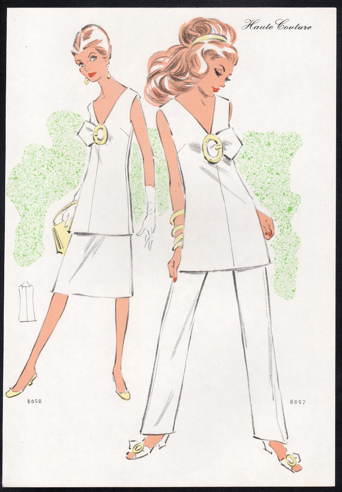 Original colour lithograph of a French fashion design from 'Haute Couture'. Published in a folio of designs for Summer 1971. 

32cm by 22cm (sheet)