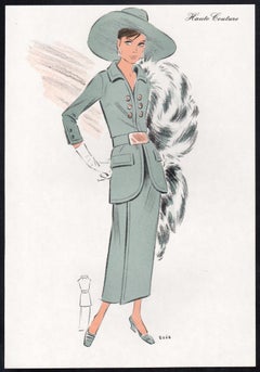 French Mid-Century 1970s Fashion Design Vintage Lithograph Print