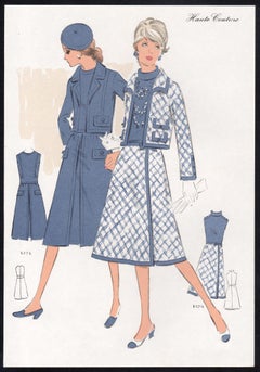 French Mid-Century 1970s Fashion Design Vintage Lithograph Print