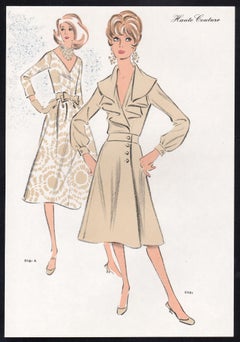 Französische Lithographie-Druck, Mid-Century 1970er Jahre Modedesign, Vintage