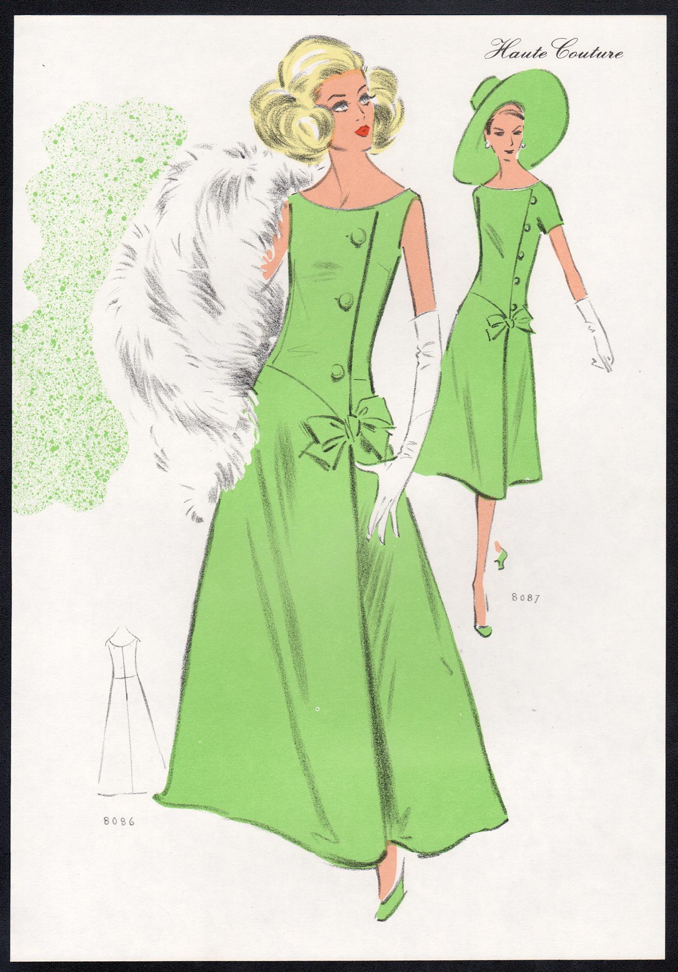 Original colour lithograph of a French fashion design from 'Haute Couture'. Published in a folio of designs for Summer 1971. 

32cm by 22cm (sheet)