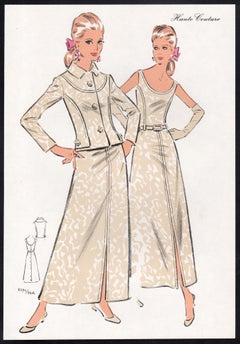 French Mid-Century 1970s Fashion Design Vintage Lithograph Print
