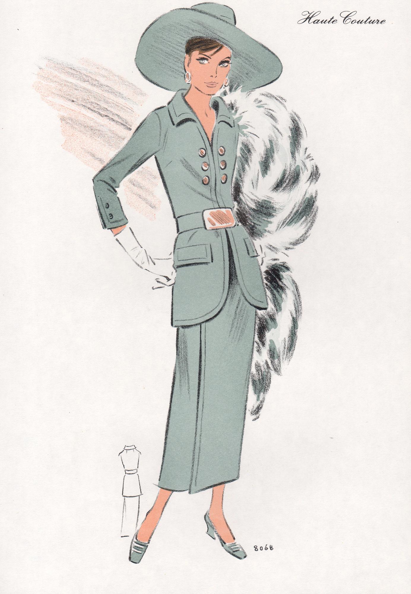 Stampa litografica d'epoca francese di metà secolo 1970 sul design della moda