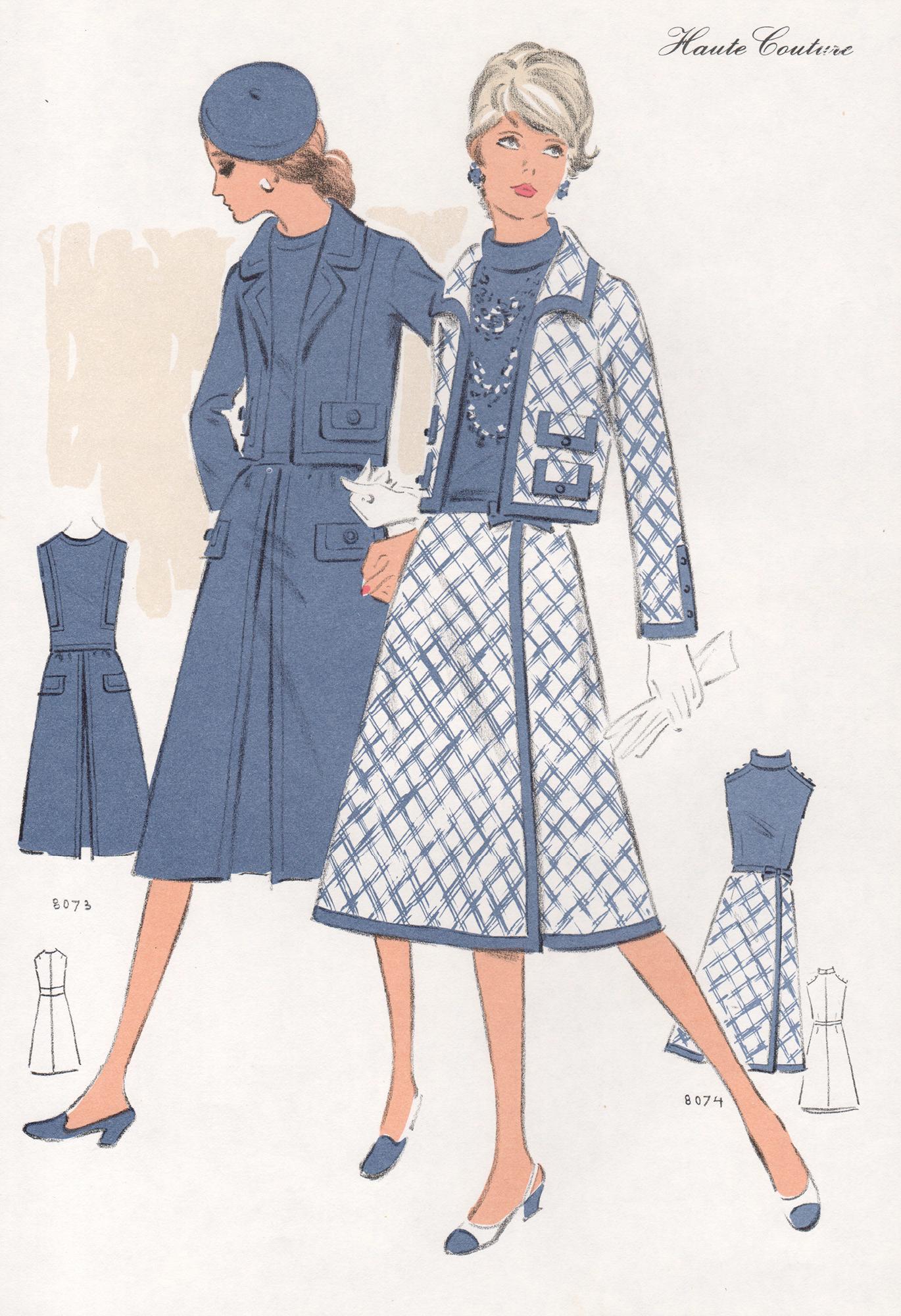 French Mid-Century 1970s Fashion Design Vintage Lithograph Print