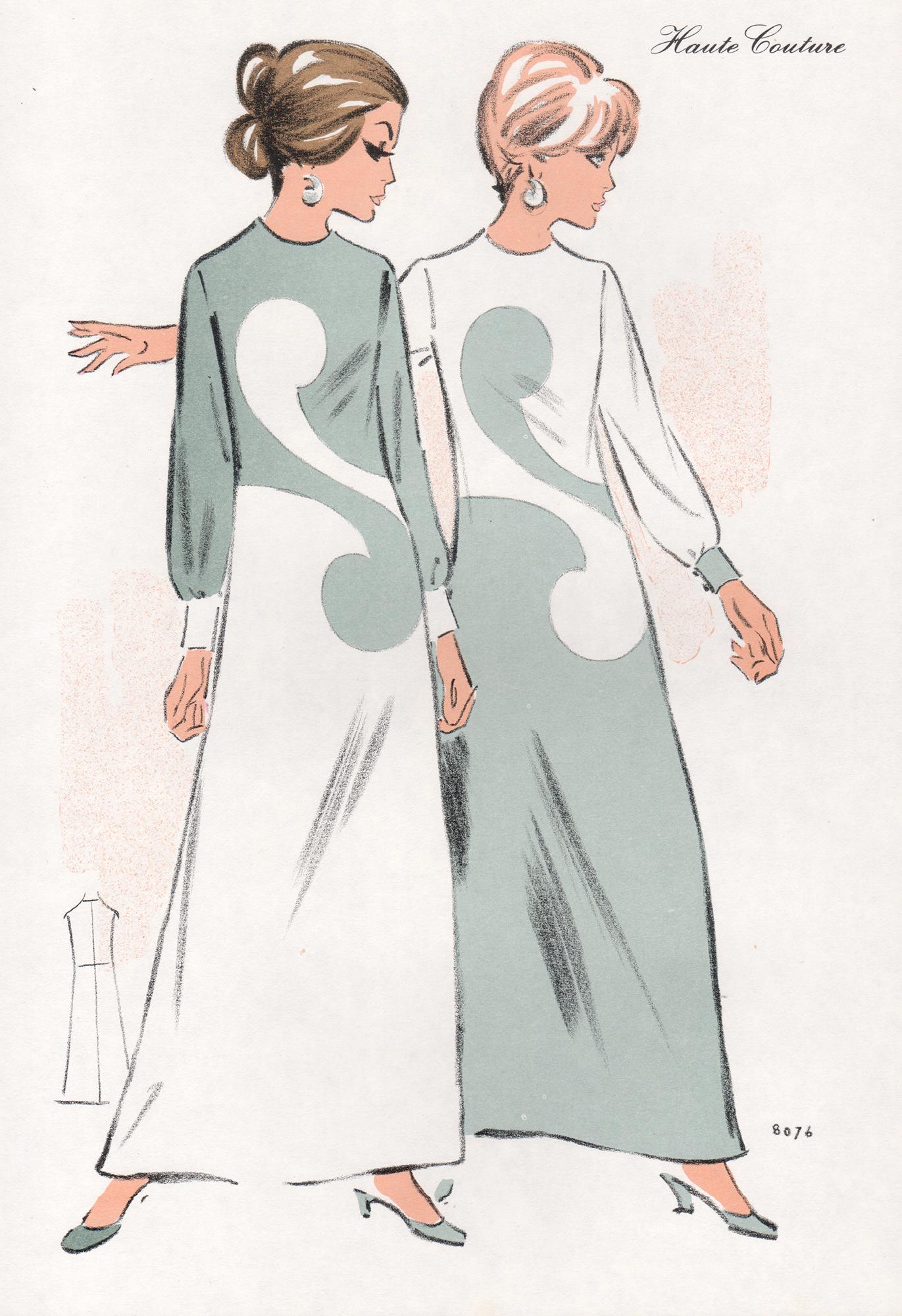 Original colour lithograph of a French fashion design from 'Haute Couture'. Published in a folio of designs for Summer 1971. 

32cm by 22cm (sheet)