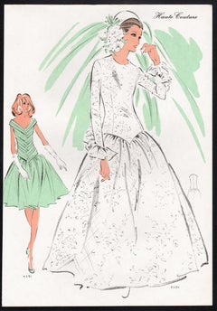 French Mid-Century early 1970s Bridal Fashion Design Vintage Lithograph Print