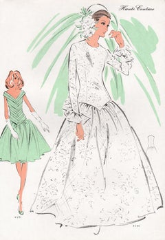 French Mid-Century early 1970s Bridal Fashion Design Vintage Lithograph Print