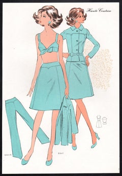French Mid-Century early 1970s Fashion Design Vintage Lithograph Print