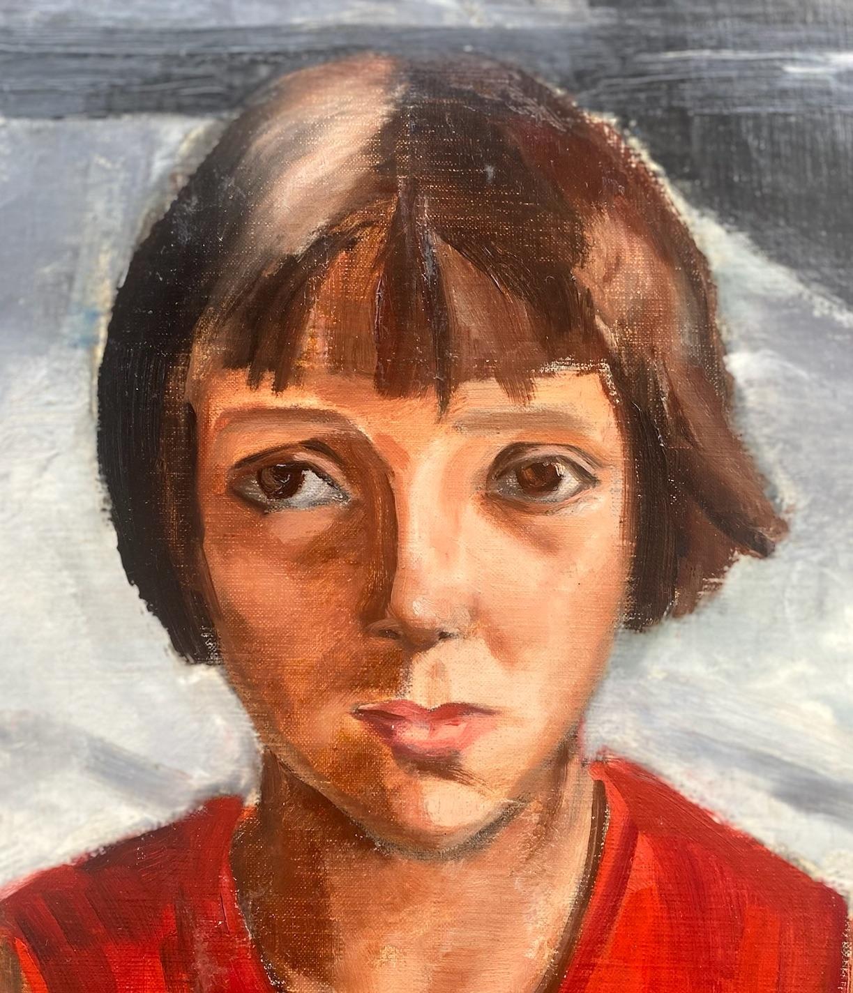 The red dress, brave little girl: French Modernist Jewish Woman Artist large oil - French School Painting by Alice Kohn