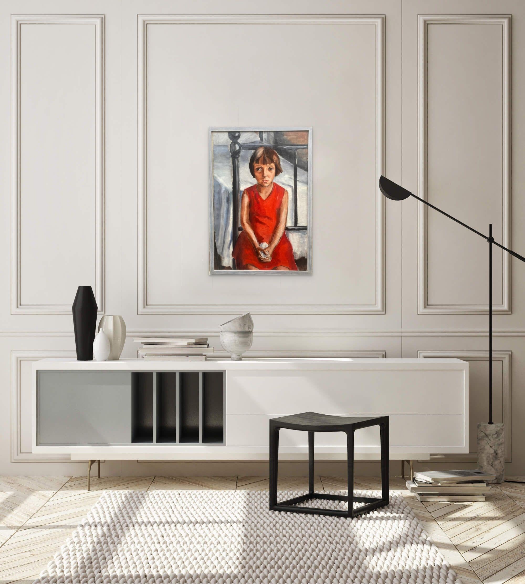 The red dress, brave little girl: French Modernist Jewish Woman Artist large oil - Brown Figurative Painting by Alice Kohn