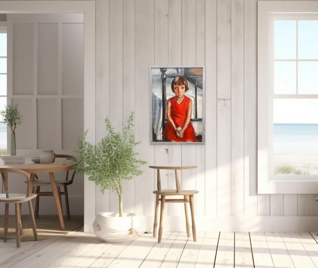 The red dress, brave little girl: French Modernist Jewish Woman Artist large oil 1