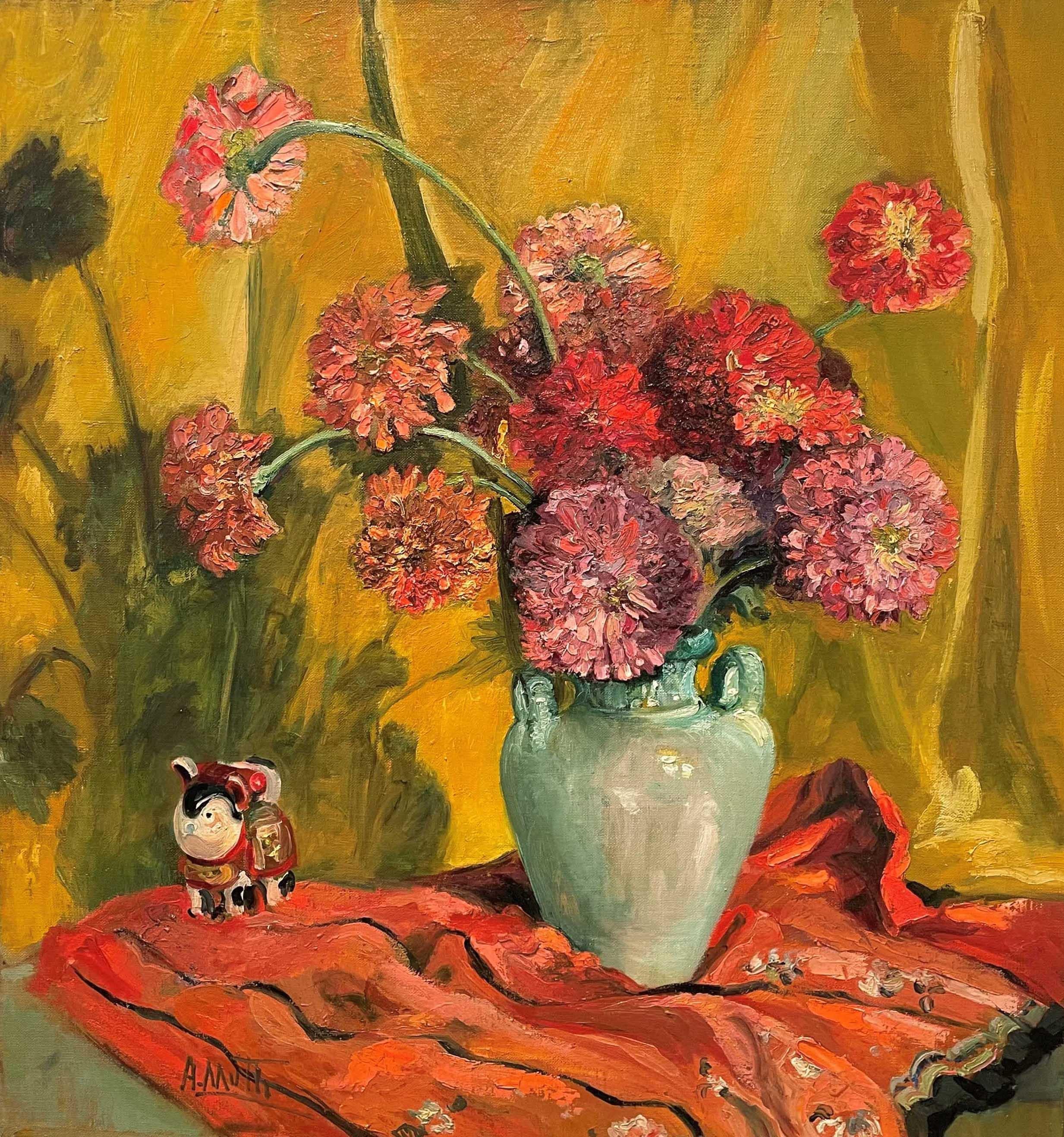 "Still-life of Oeillets and Figurine," by American artist Alice Lolita Muth is oil on canvas and measures 31 3/8 x 29 3/8 inches. The work is signed by the artist at the lower left.

Alice Lolita Muth was born Alice Helen Muth in Cincinnati, Ohio on