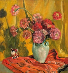 Still-life of Oeillets and Figurine by Alice Lolita Muth (American: 1887-1952)