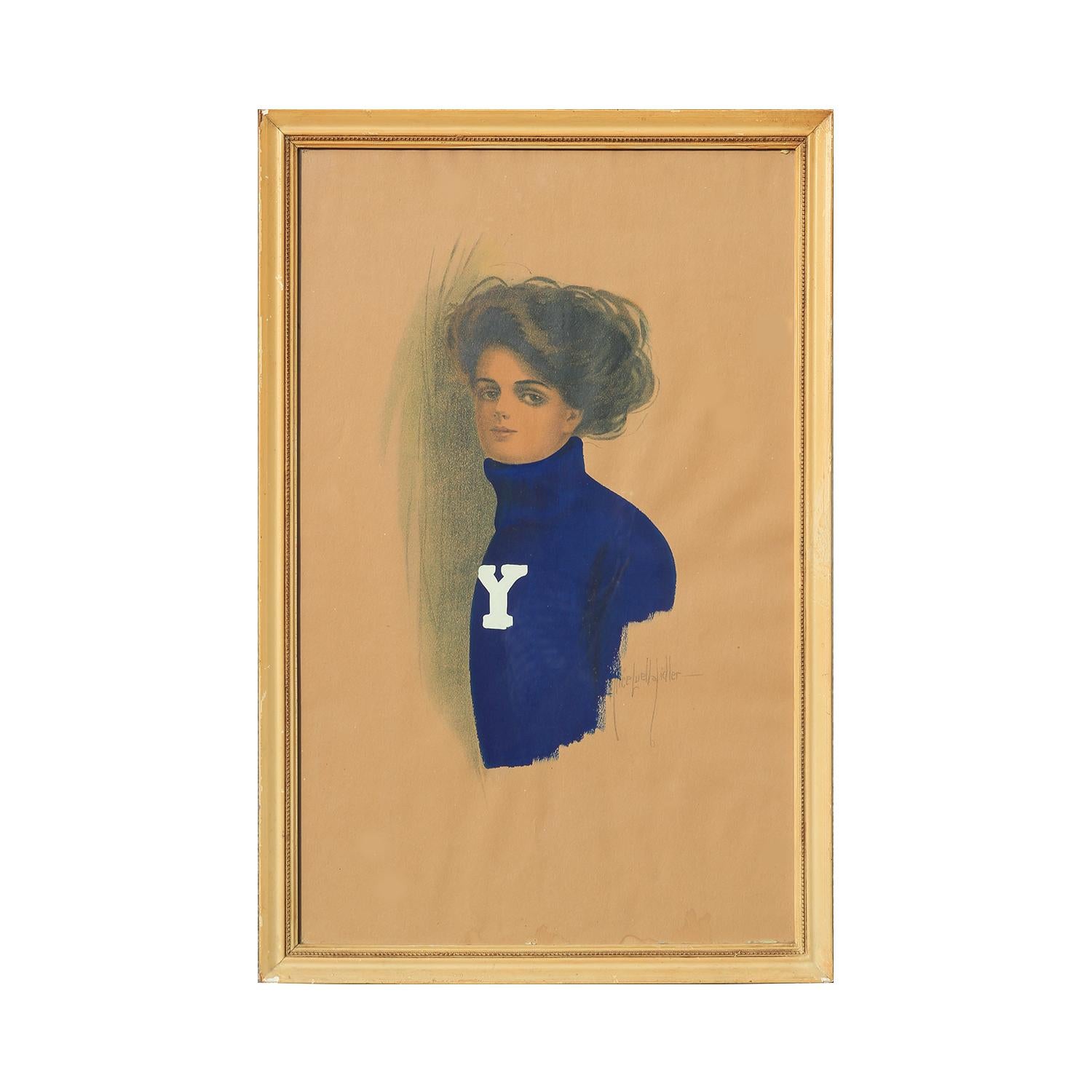 Early Hand Embellished Lithograph Portrait of a Yale Woman with a Blue Sweater - Painting by Alice Luella Fidler