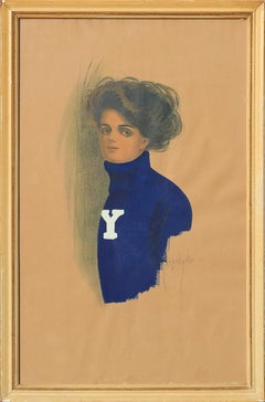 Early Hand Embellished Lithograph Portrait of a Yale Woman with a Blue Sweater