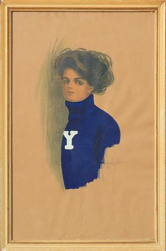 Frühes handverziertes Lithographienporträt einer Yale-Frau mit blauem Pullover