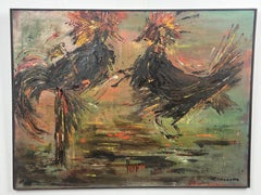 Alice Marcus " The Cockfight " Oil Painting on Canvas , Signed & Framed