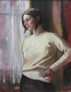 Contemplation - British 1950's art female portrait oil painting female artist
