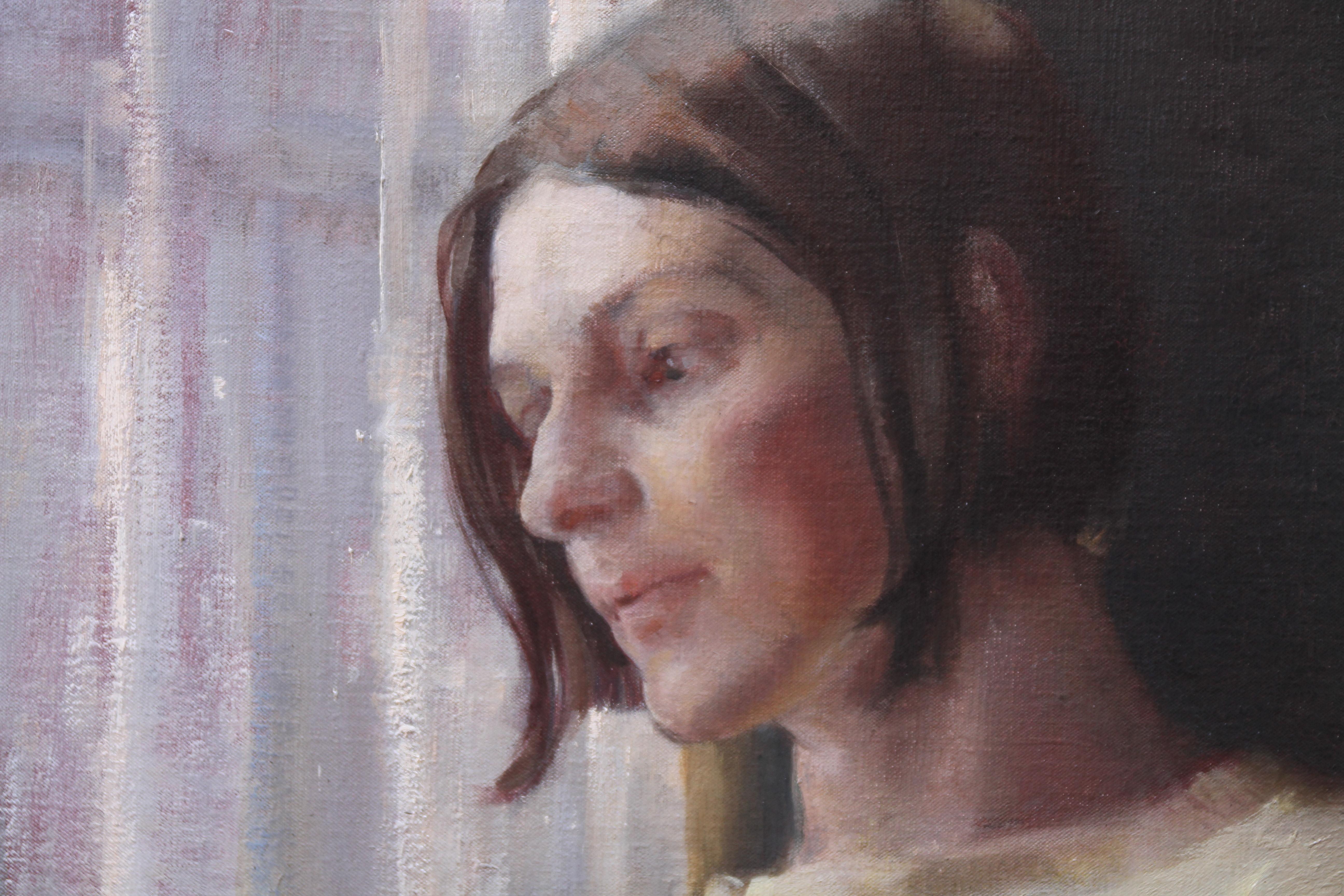 Contemplation - British 1950's art female portrait oil painting female artist For Sale 1