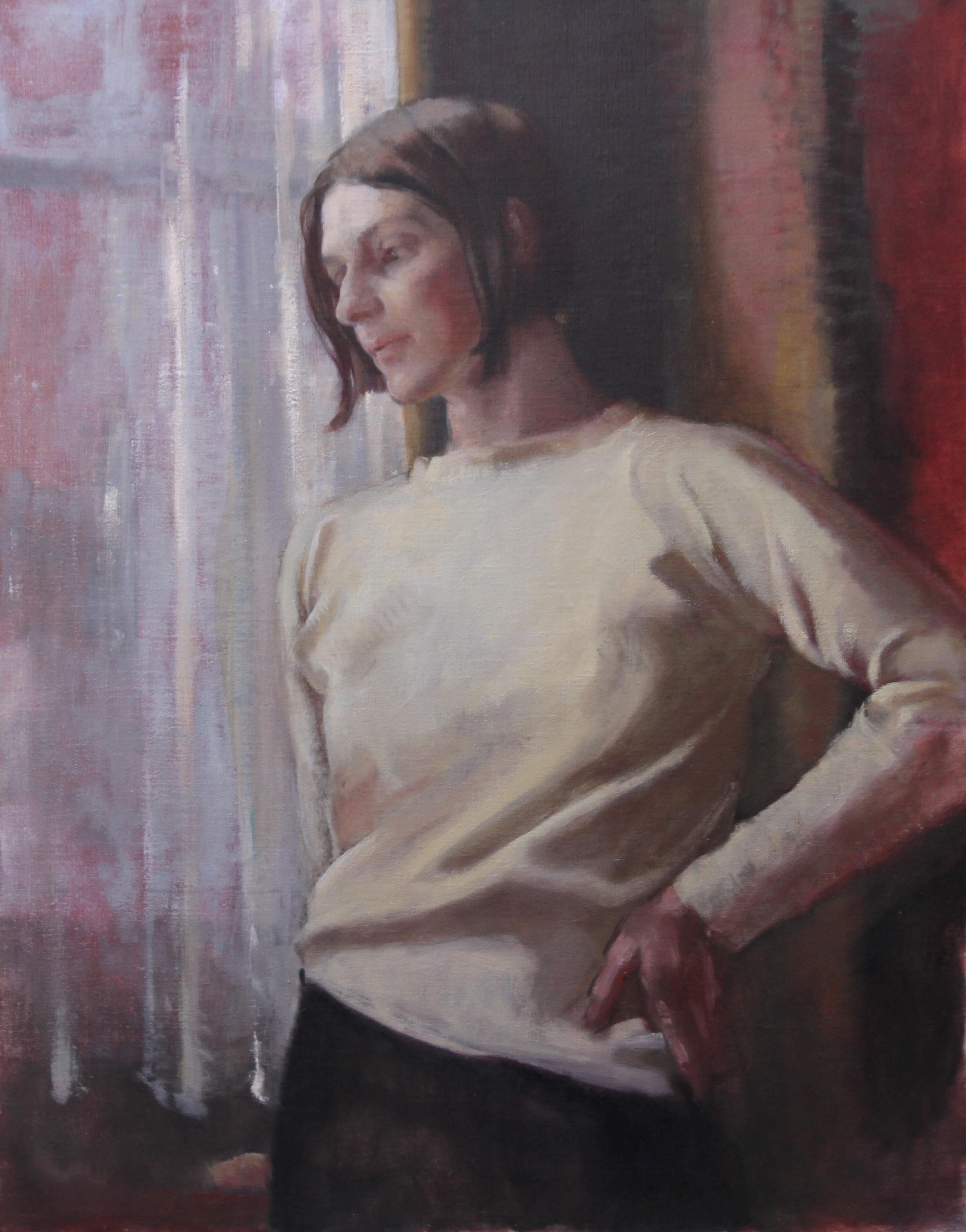 Contemplation - British 1950's art female portrait oil painting female artist For Sale 3