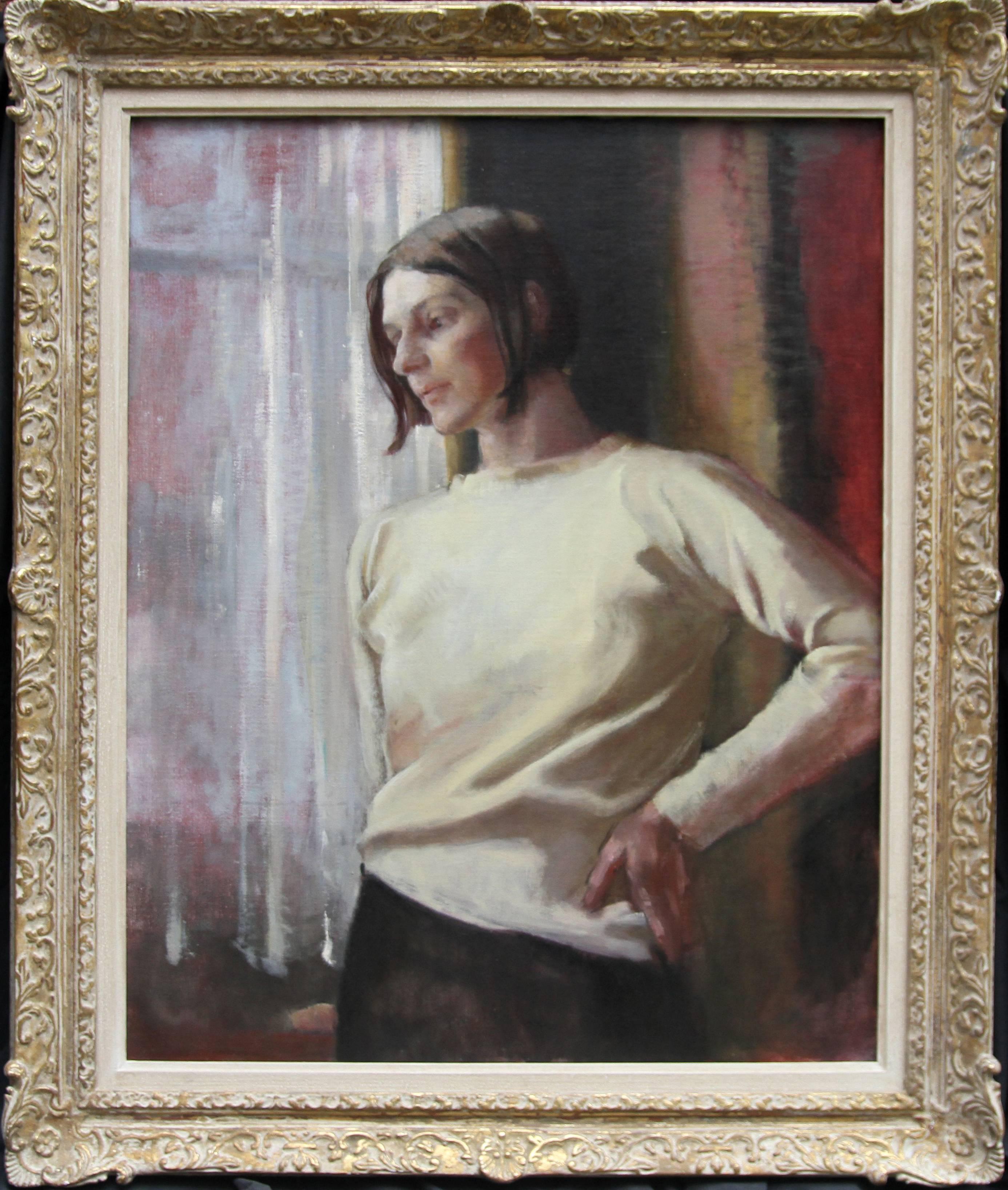 Alice Mary Burton Portrait Painting - Contemplation - British 1950's art female portrait oil painting female artist