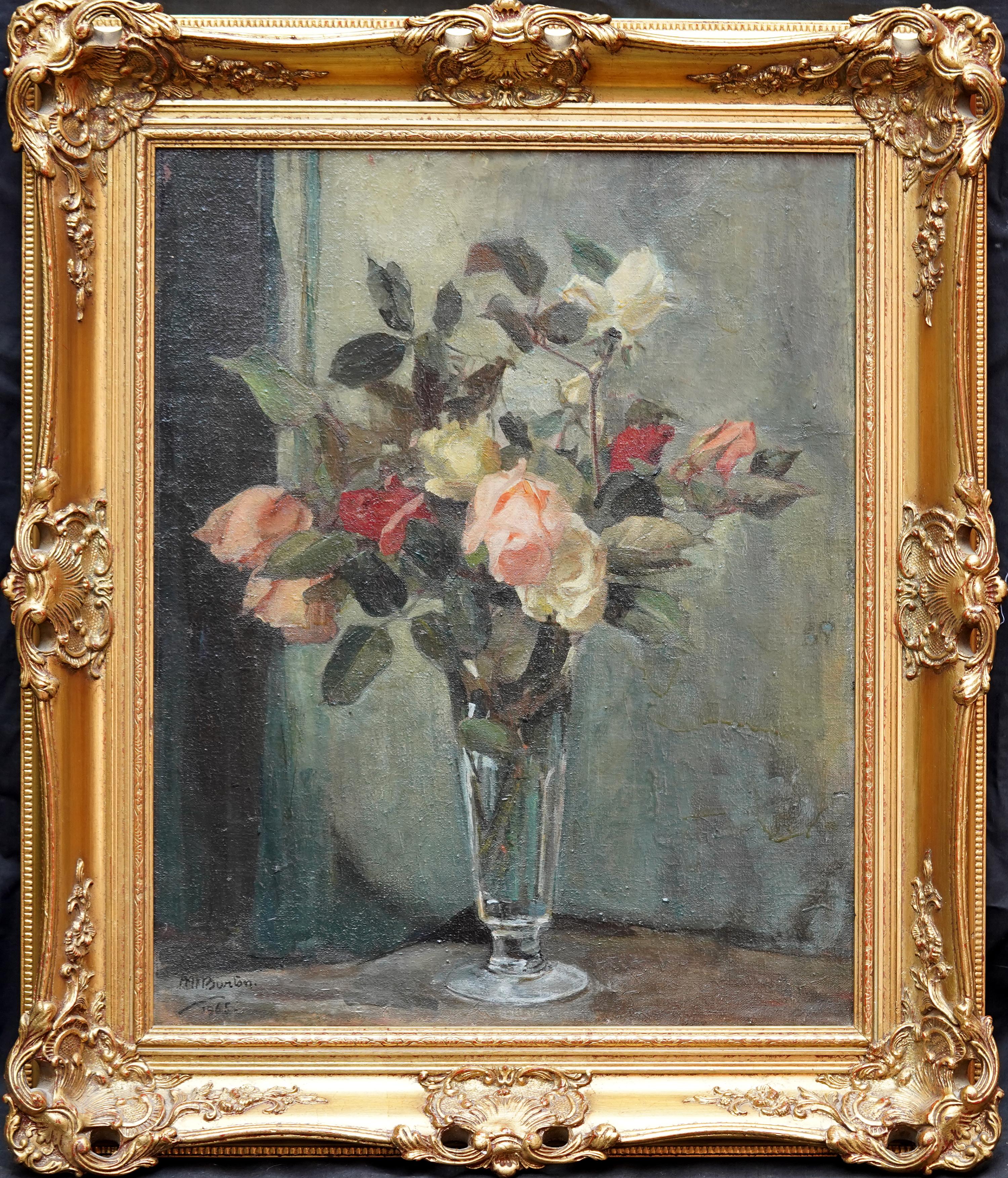 Rosas en un jarrón de cristal - British sixties art female artist floral oil painting 7