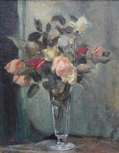 Roses in a Glass vase - British sixties art female artist floral oil painting