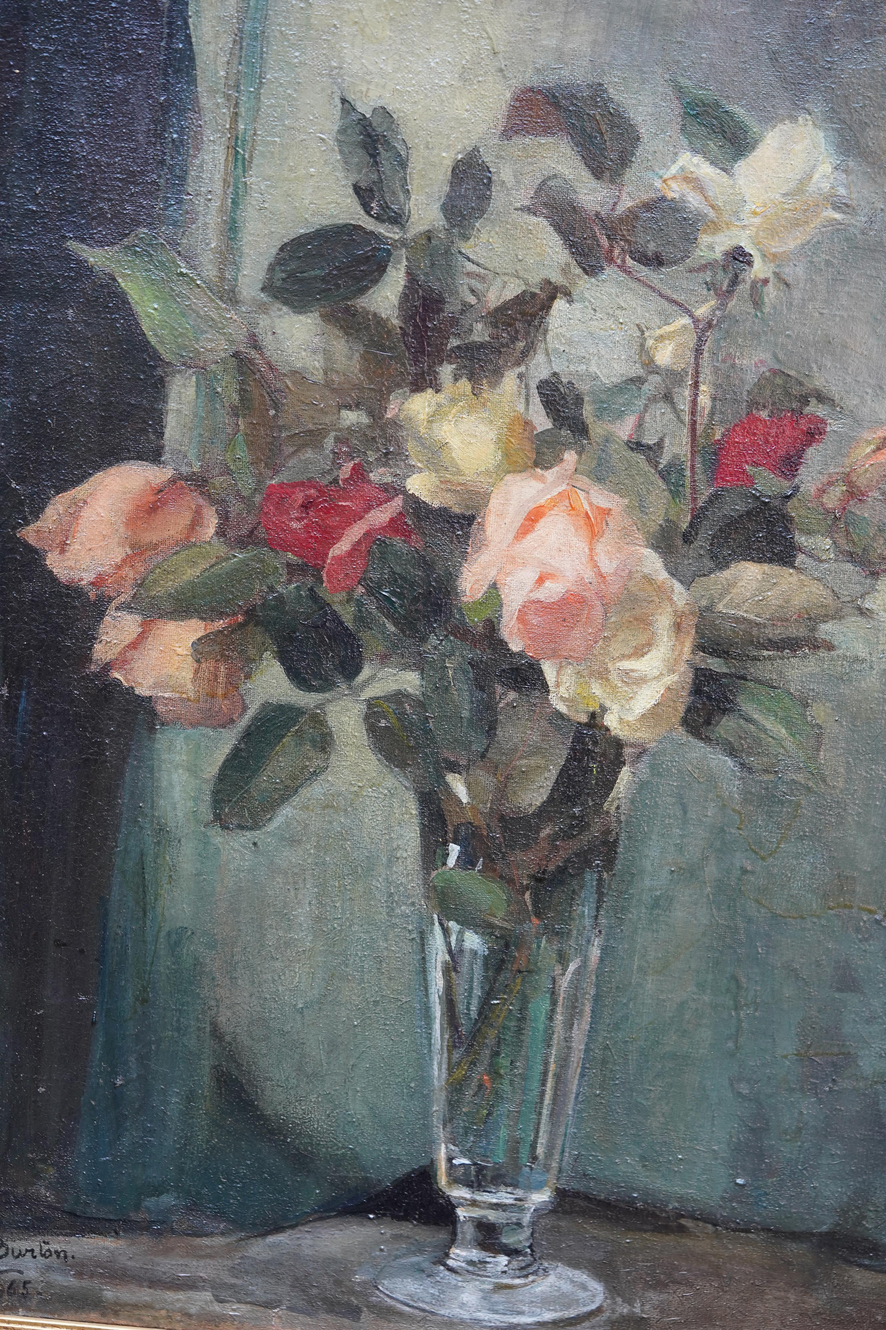 Rosas en un jarrón de cristal - British sixties art female artist floral oil painting - Still-Life Painting Marrón de Alice Mary Burton