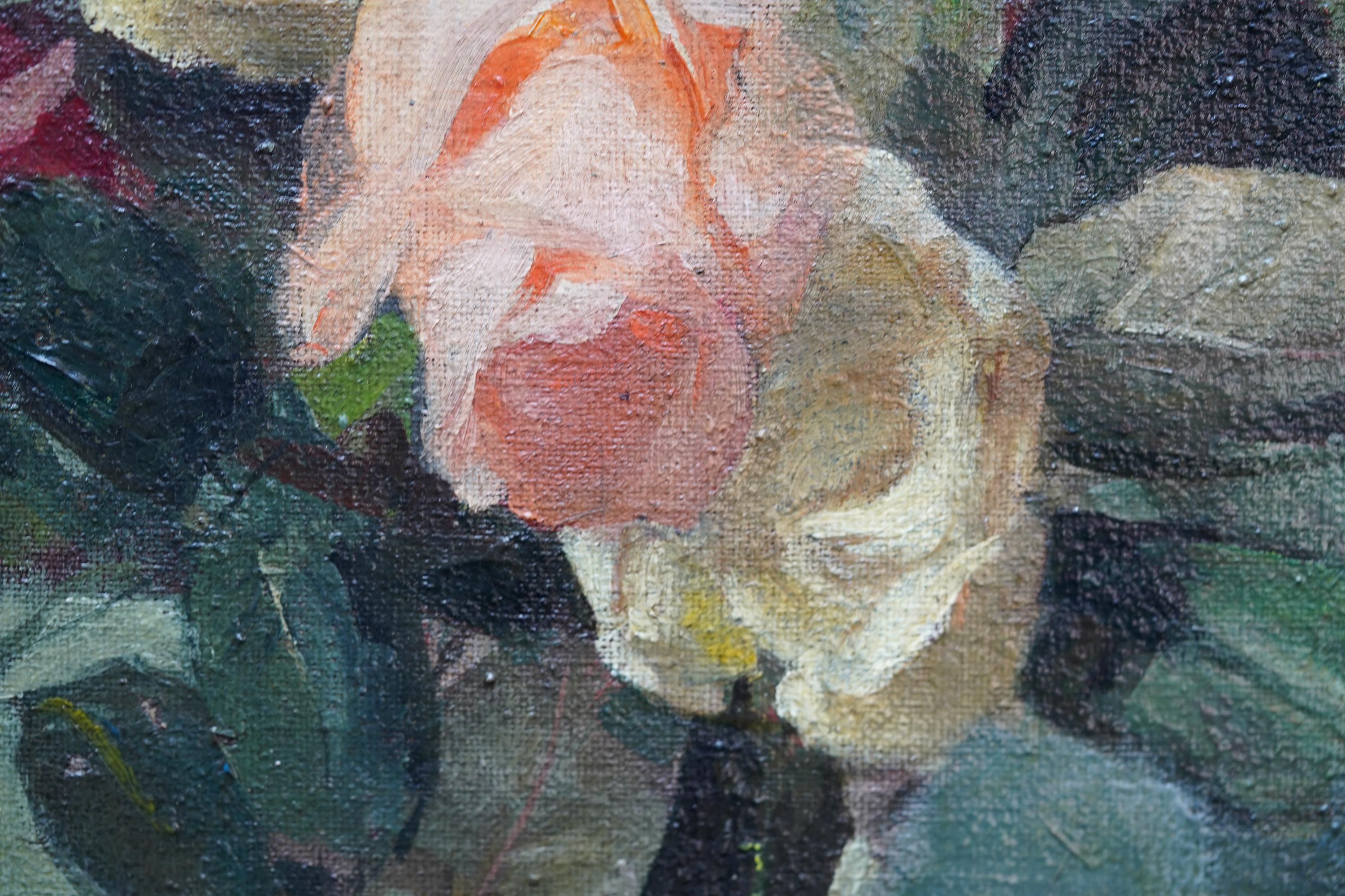 Rosas en un jarrón de cristal - British sixties art female artist floral oil painting 2