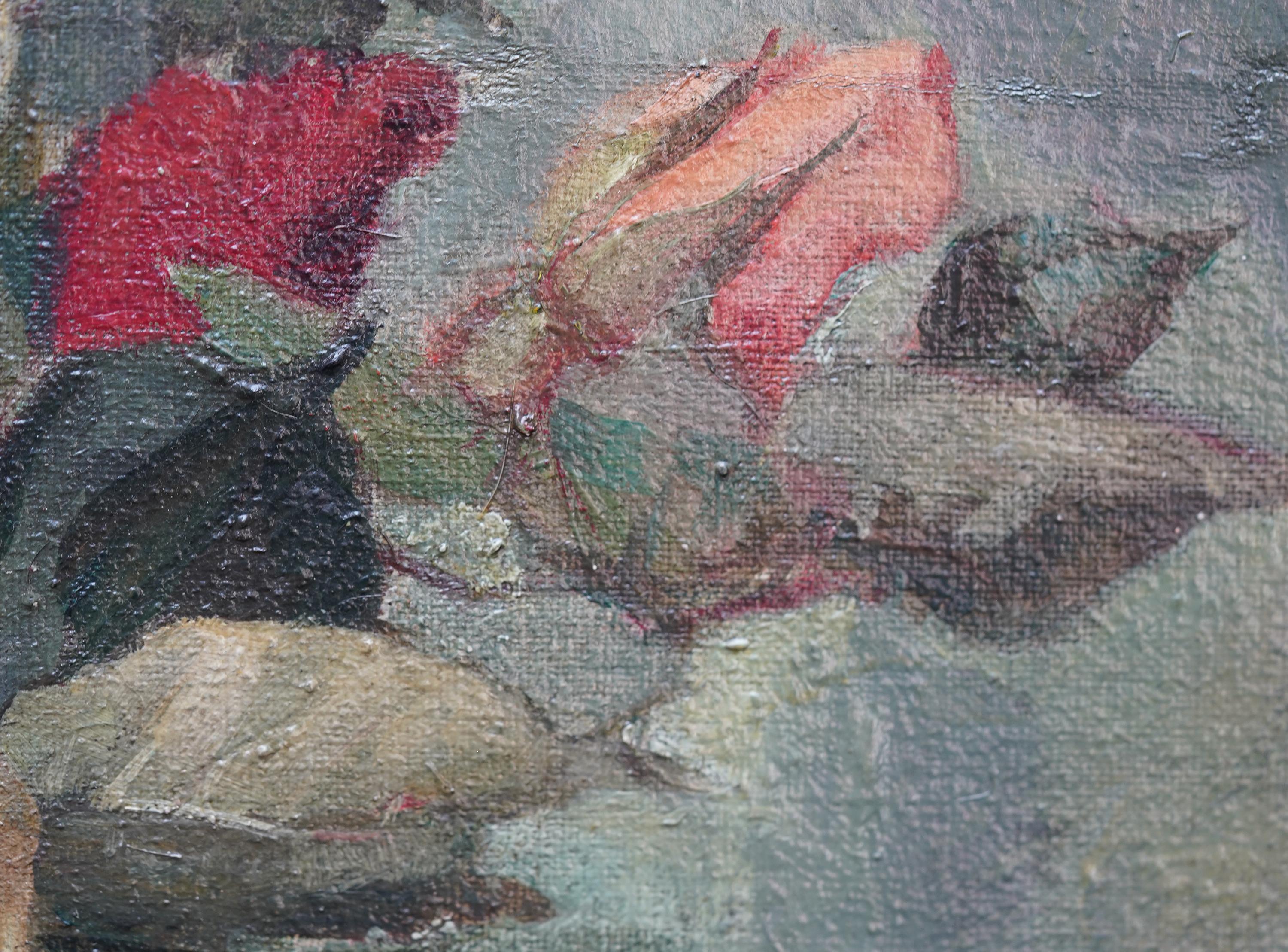 Rosas en un jarrón de cristal - British sixties art female artist floral oil painting 3