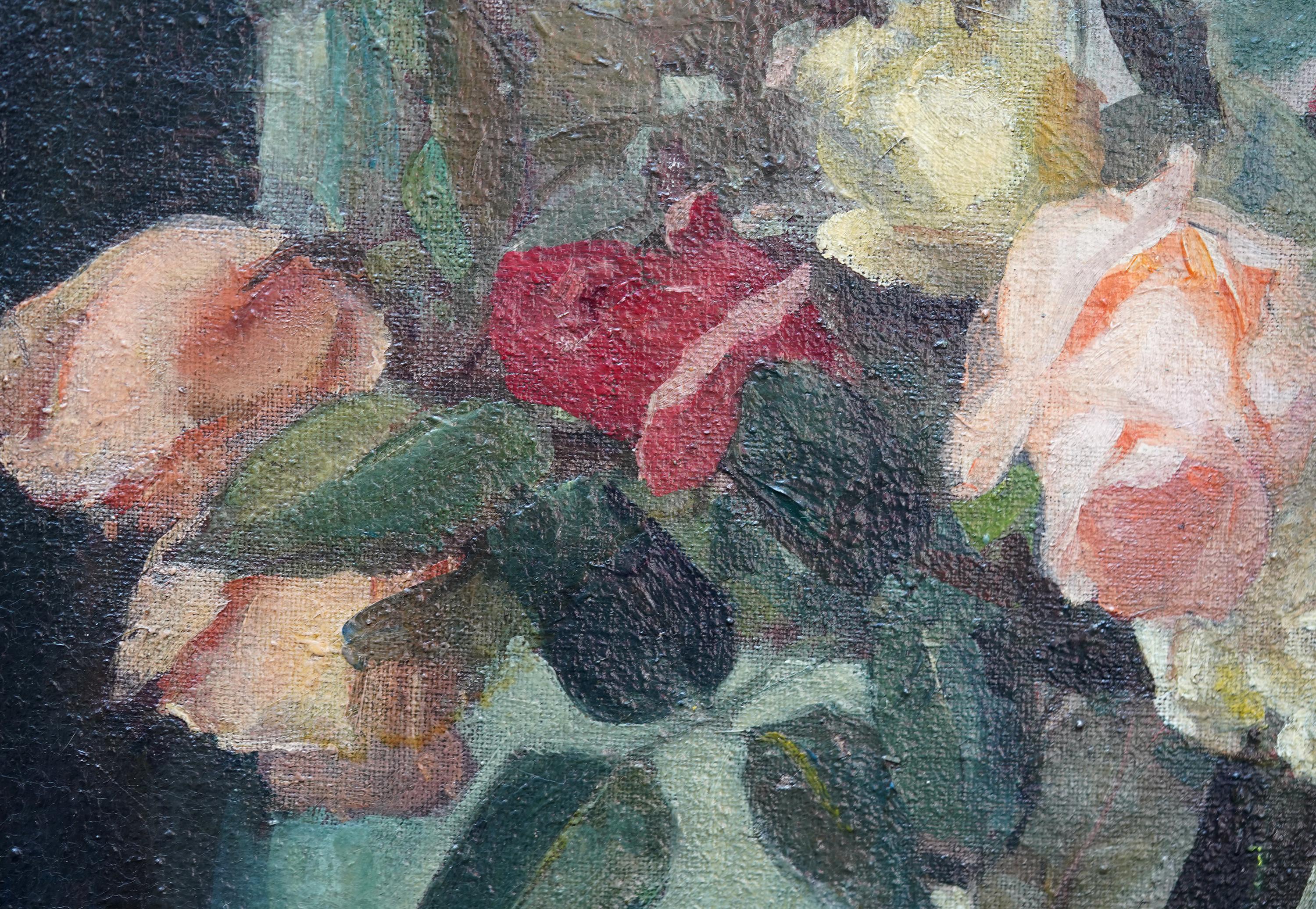 Rosas en un jarrón de cristal - British sixties art female artist floral oil painting 4