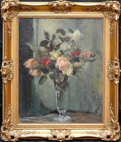 Roses in a Glass vase - British sixties art female artist floral oil painting