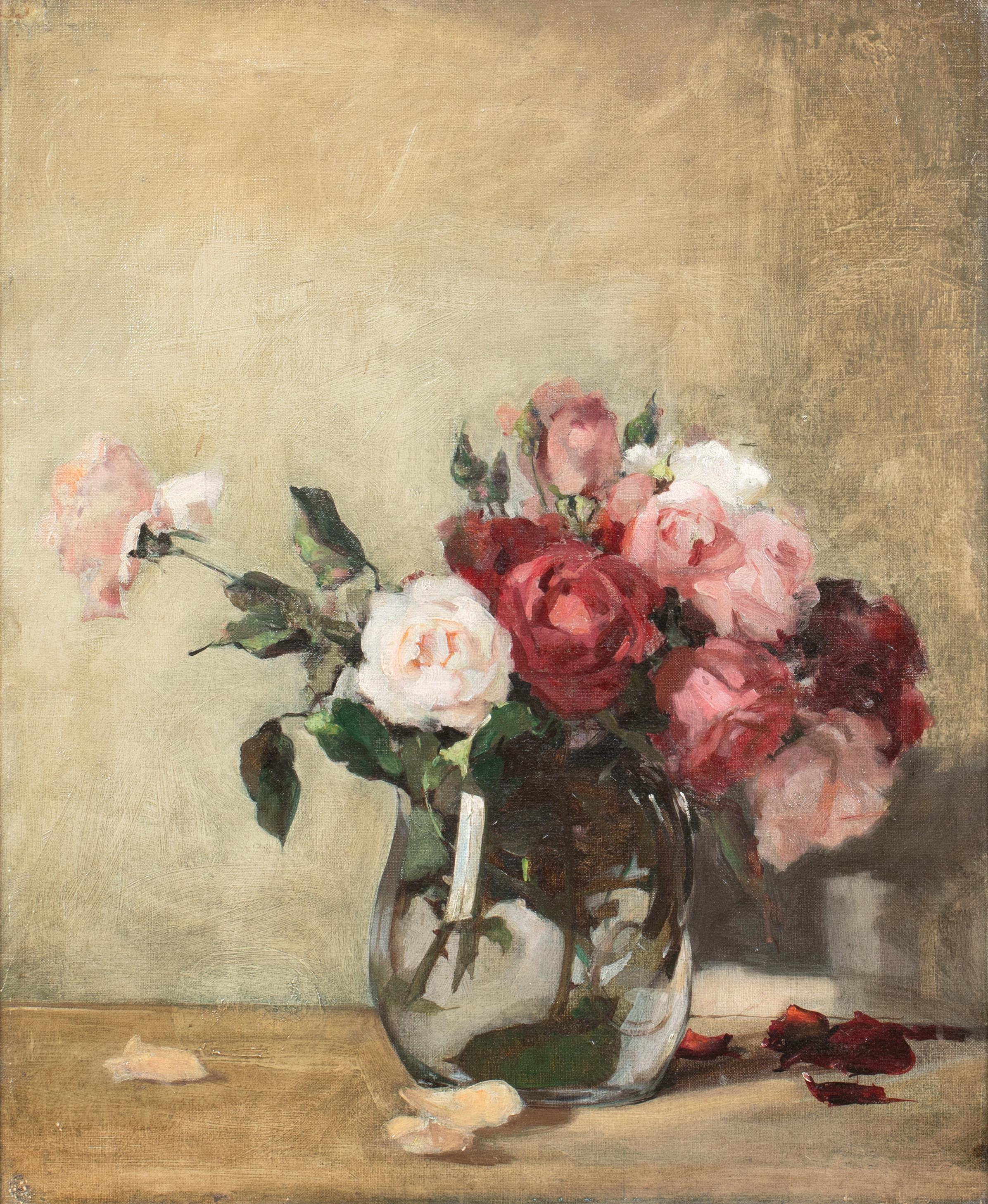 Alice Mary Burton Still-Life Painting - Roses In A Glass Vase, early 20th Century 