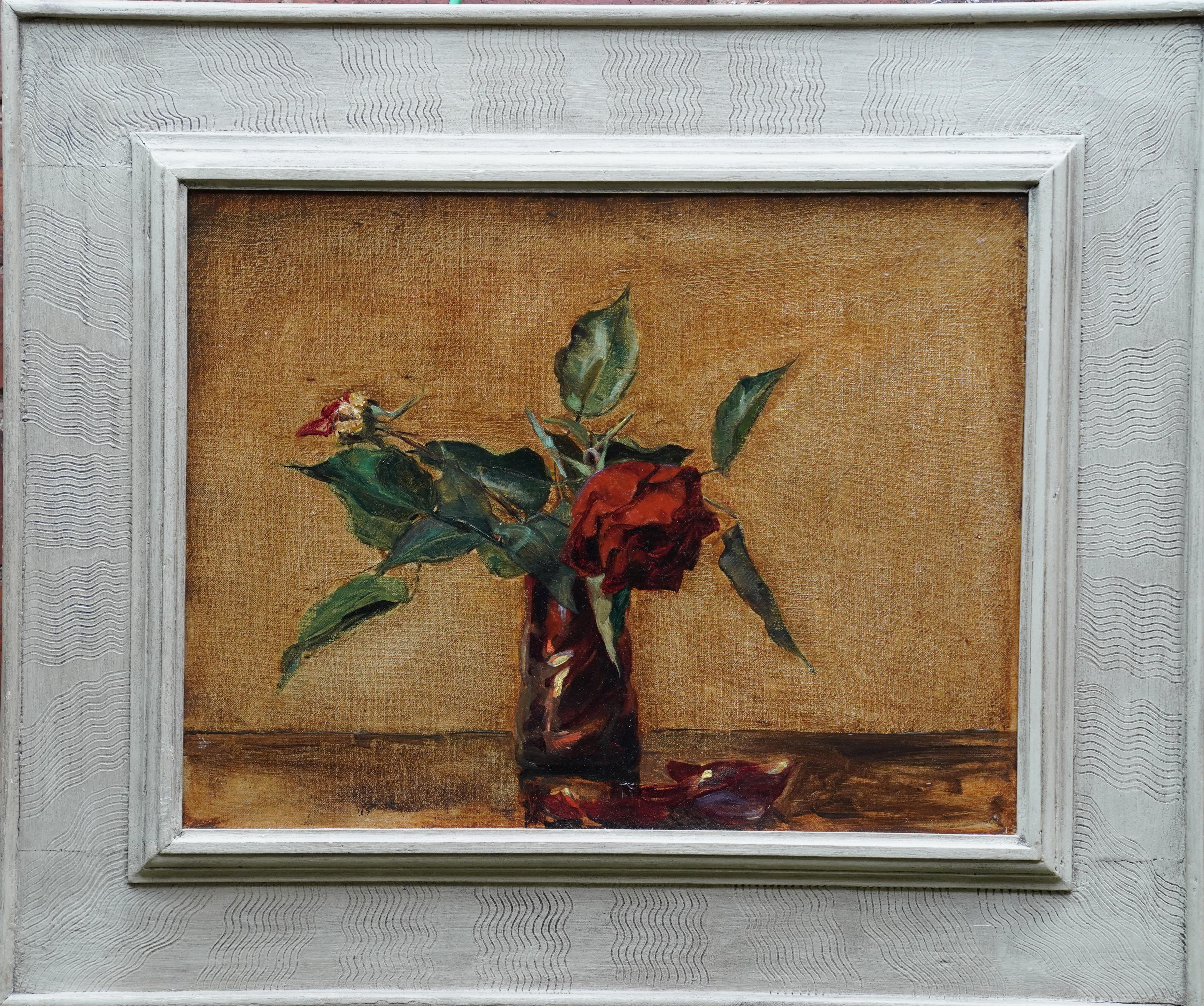 Stillleben mit roter Rose in Vase – britisches Blumen-Ölgemälde aus den 1930er Jahren im Angebot 6