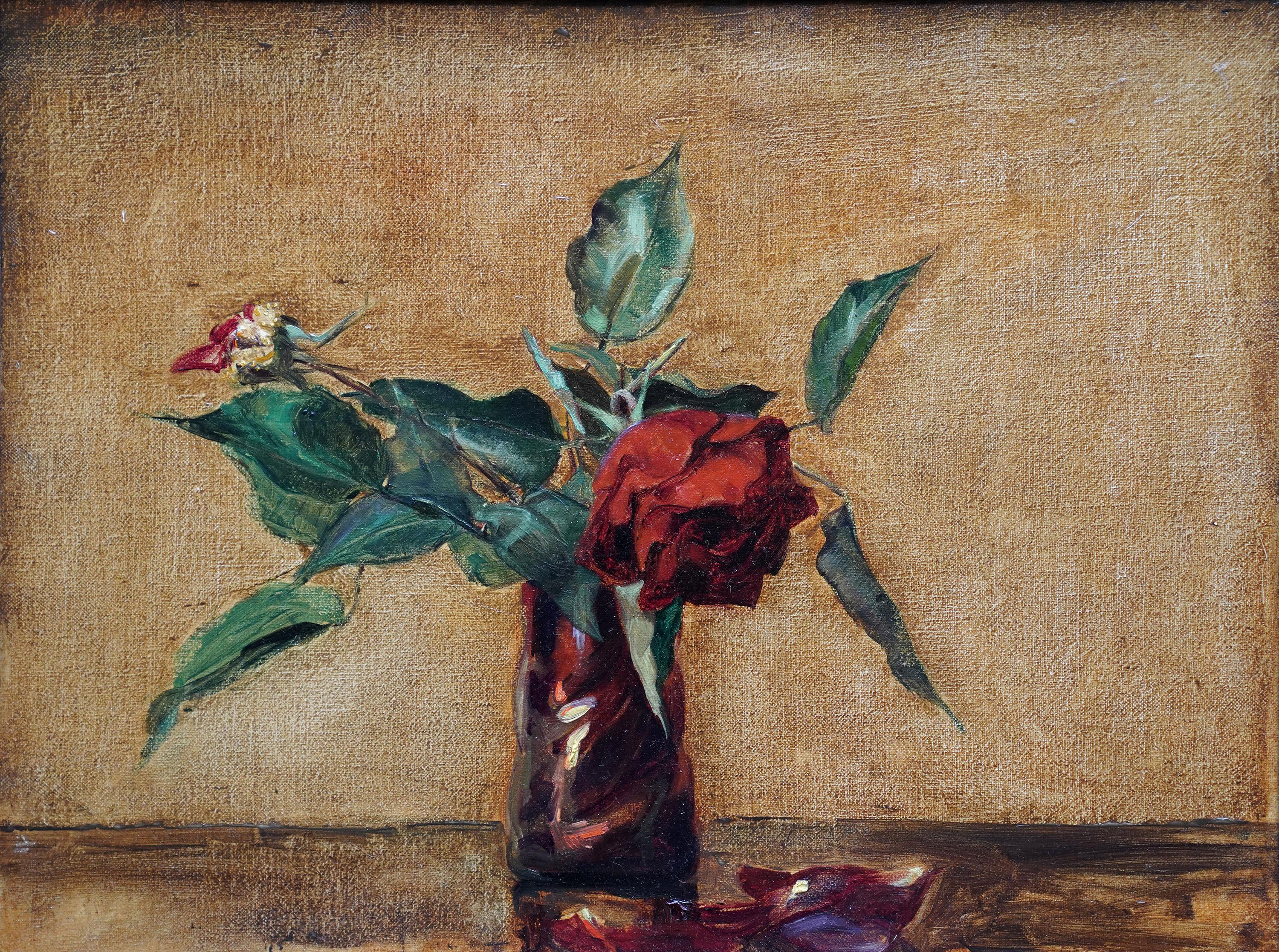 Stillleben mit roter Rose in Vase – britisches Blumen-Ölgemälde aus den 1930er Jahren im Angebot 5