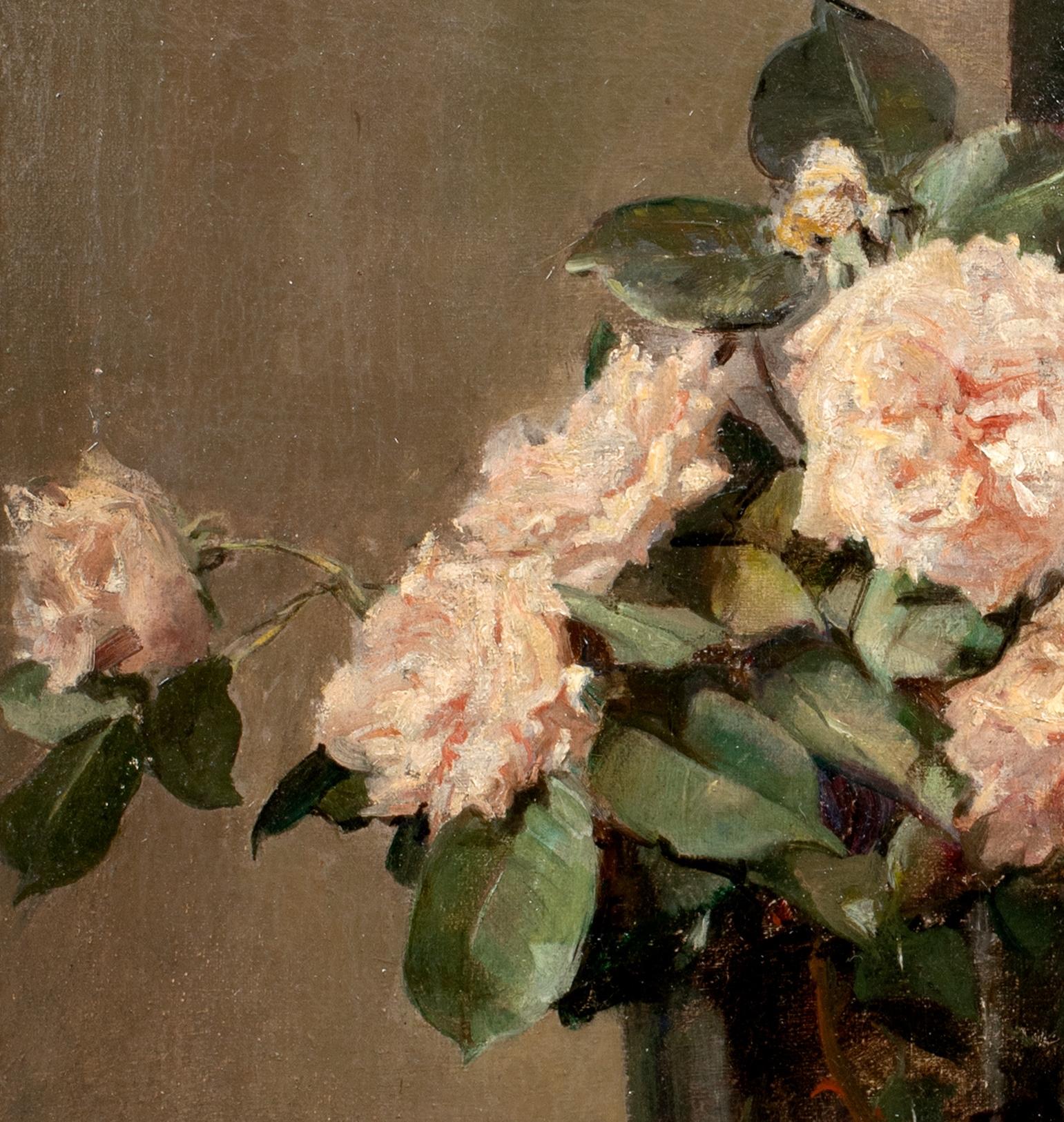 Study Of Pink Roses, circa 1925 - Brown Still-Life Painting by Alice Mary Burton