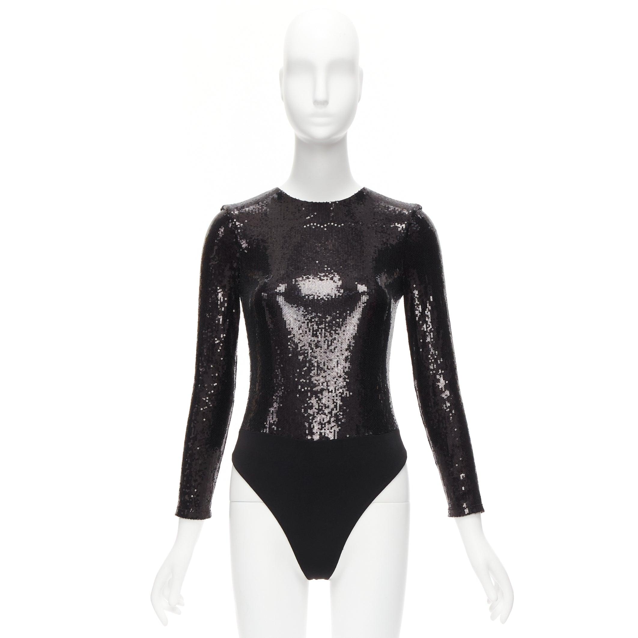 ALICE MCCALL black sequins long sleeve crew neck bodysuit top XS For Sale 6