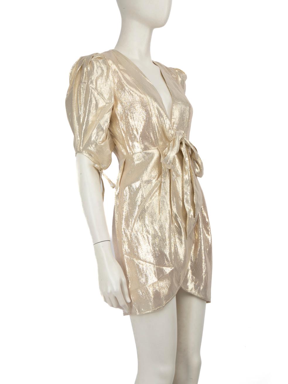 CONDITION is Never worn, with tags. No visible wear to the dress is evident on this new Alice McCall designer resale item.
  
  
  
  Details
  
  
  Gold
  
  Silk
  
  Dress
  
  Mini
  
  Mid sleeves
  
  Front tie detail
  
  Plunge neck
  
 