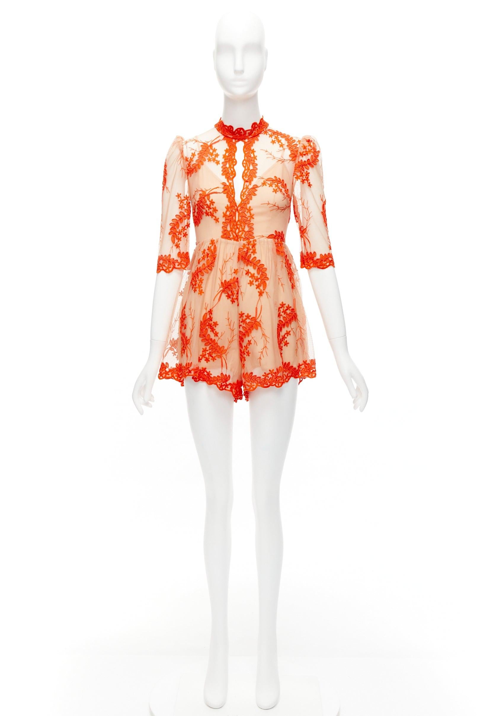 ALICE MCCALL Honeymoon orange lace nude sheer overlay lined romper US6 M For Sale 5