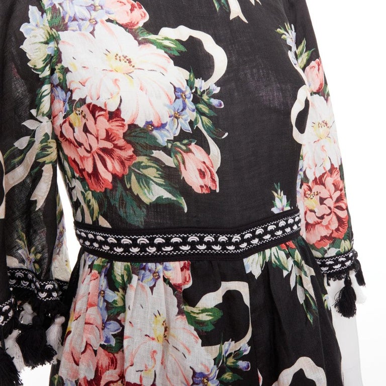 Alice Mccall Magic Moment Black 100% Linen Floral Fringed Trim Playsuit Uk6 Xs