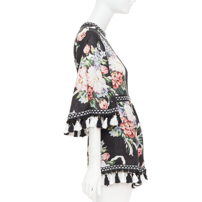 Alice Mccall Magic Moment Black 100% Linen Floral Fringed Trim Playsuit Uk6 Xs Alice Mccall Magic Moment Black 100% Linen Floral Fringed Trim Playsuit Uk6 Xs