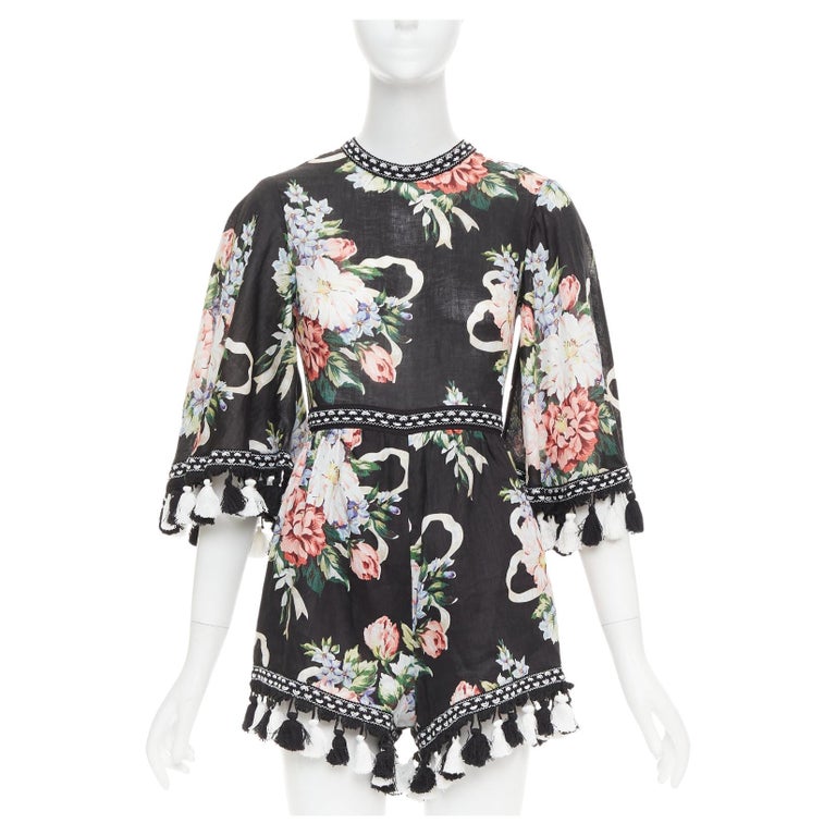 Alice Mccall Magic Moment Black 100% Linen Floral Fringed Trim Playsuit Uk6 Xs Alice Mccall Magic Moment Black 100% Linen Floral Fringed Trim Playsuit Uk6 Xs