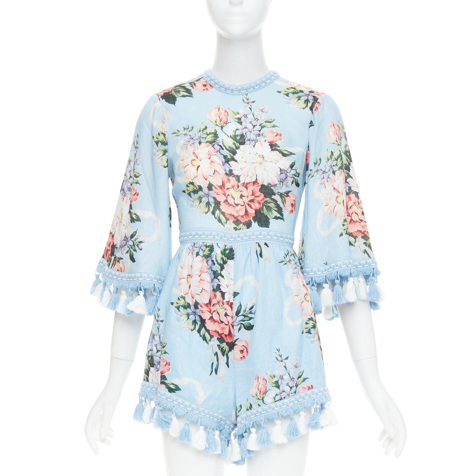 ALICE MCCALL Traje con flecos florales de lino azul Magic Moment UK6 XS en venta