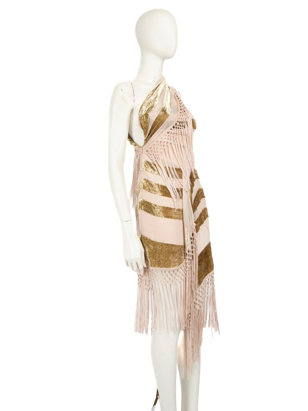 CONDITION is Never worn, with tags. Due to poor storage of the dress, plucks to the weave are located across this new Alice McCall designer resale item.
  
  Details
  
  
  Multicolour- pink and gold 
  
  Silk 
  
  Dress
  
  Fringe detail
  
 
