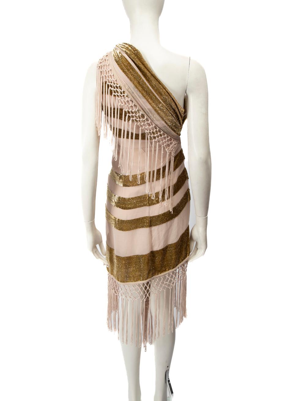 White Alice McCall Pink & Gold Fringed Striped Midi Dress Size XXS