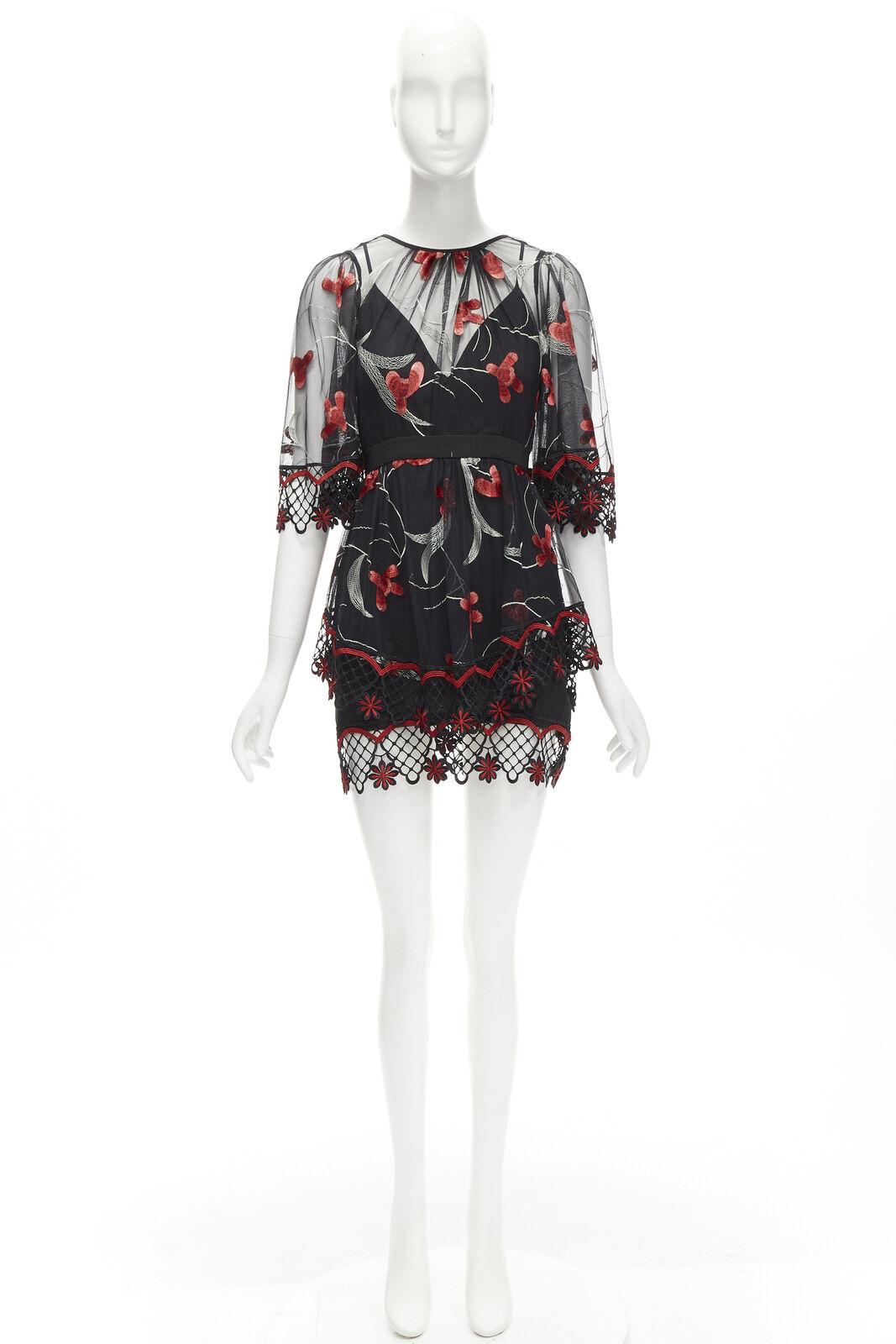 ALICE MCCALL Wish you Were Here black red guipere lace floral tulle dress US2 XS For Sale 5