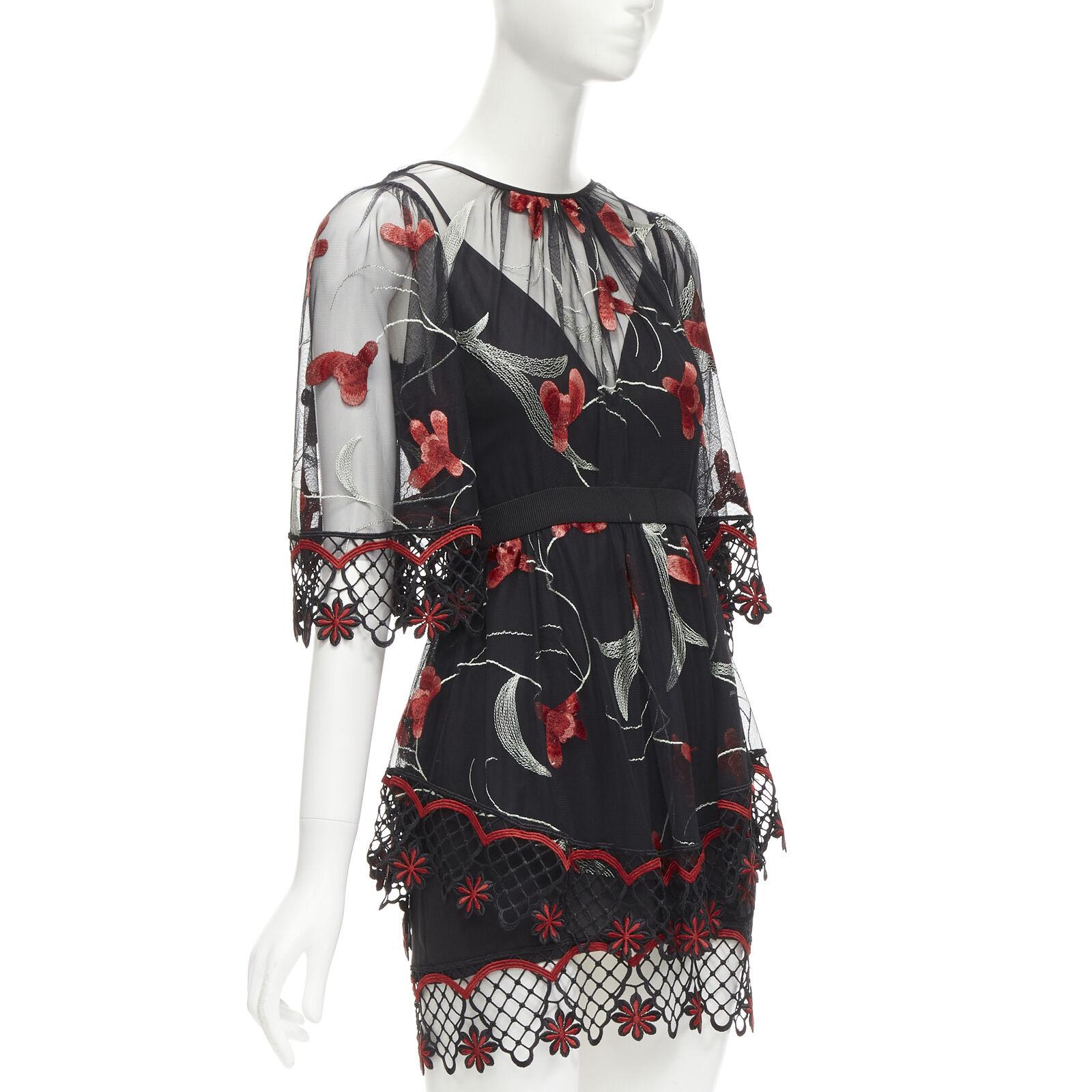Black ALICE MCCALL Wish you Were Here black red guipere lace floral tulle dress US2 XS For Sale