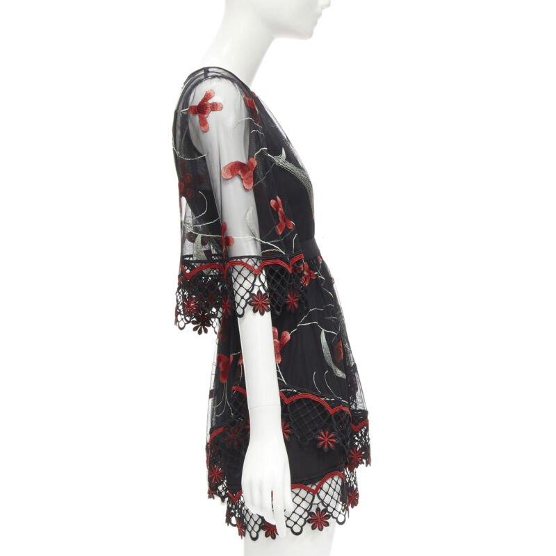 ALICE MCCALL Wish you Were Here black red guipere lace floral tulle dress US2 XS In Excellent Condition For Sale In Hong Kong, NT