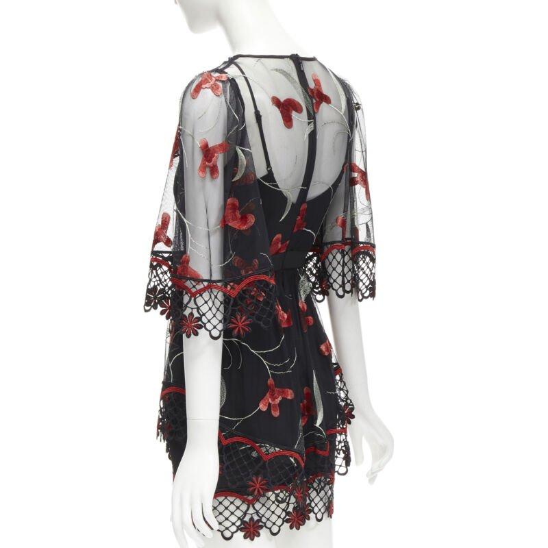 ALICE MCCALL Wish you Were Here black red guipere lace floral tulle dress US2 XS For Sale 1