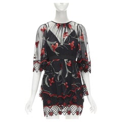 ALICE MCCALL Wish you Were Here black red guipere lace floral tulle dress US2 XS